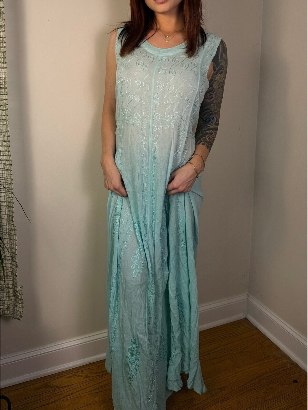 Charlie Paige Aqua Embroidered Boho Maxi Dress L XL Y2K Style